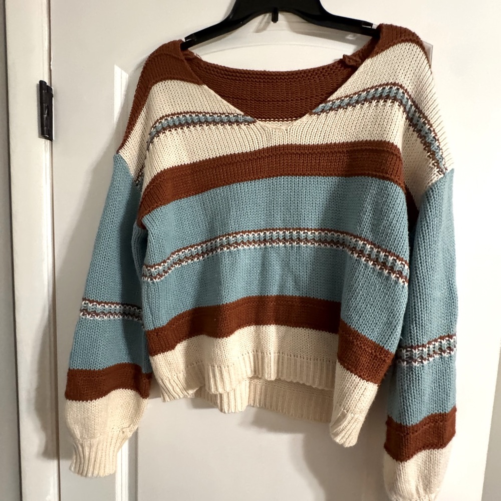 Striped V-Neck Sweater - Blue, Brown, and Cream